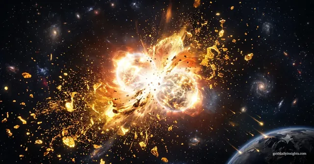 A cosmic depiction of a neutron star collision ejecting a massive cloud of glowing molten gold, with gold fragments falling like meteors towards a dark planet.