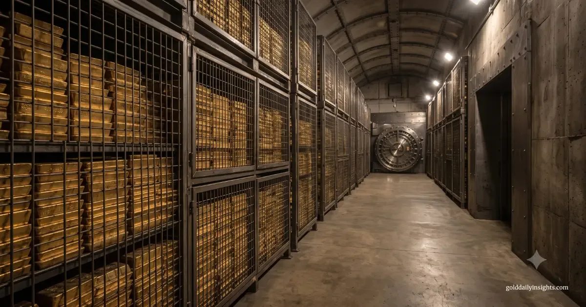 My representation of a concrete vault corridor showing gold bars in metal cages, leading to a massive circular steel door.