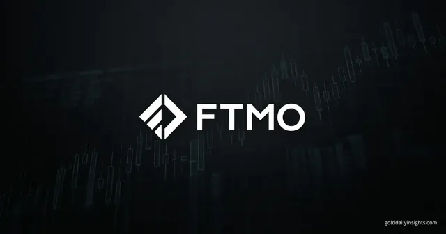 The FTMO logo displayed clearly over my dark XAU/USD candlestick chart background.