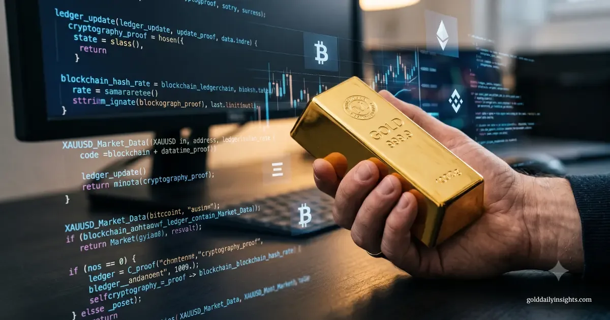 My hand holding a physical gold bar in front of a screen showing blockchain code and crypto logos.