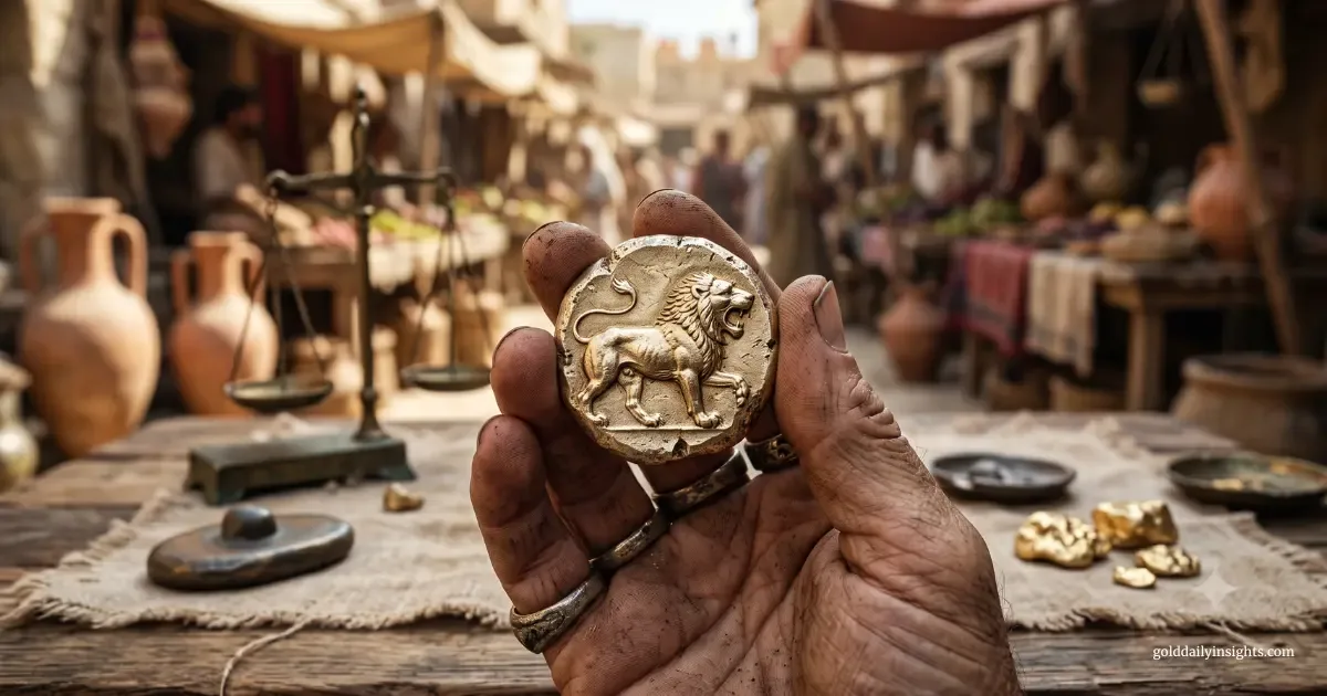 Ancient Lydian electrum coin with a lion emblem held in a hand at an ancient market.