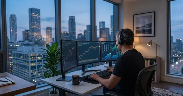 A trader analysing financial charts on a three-monitor desk setup overlooking a city skyline