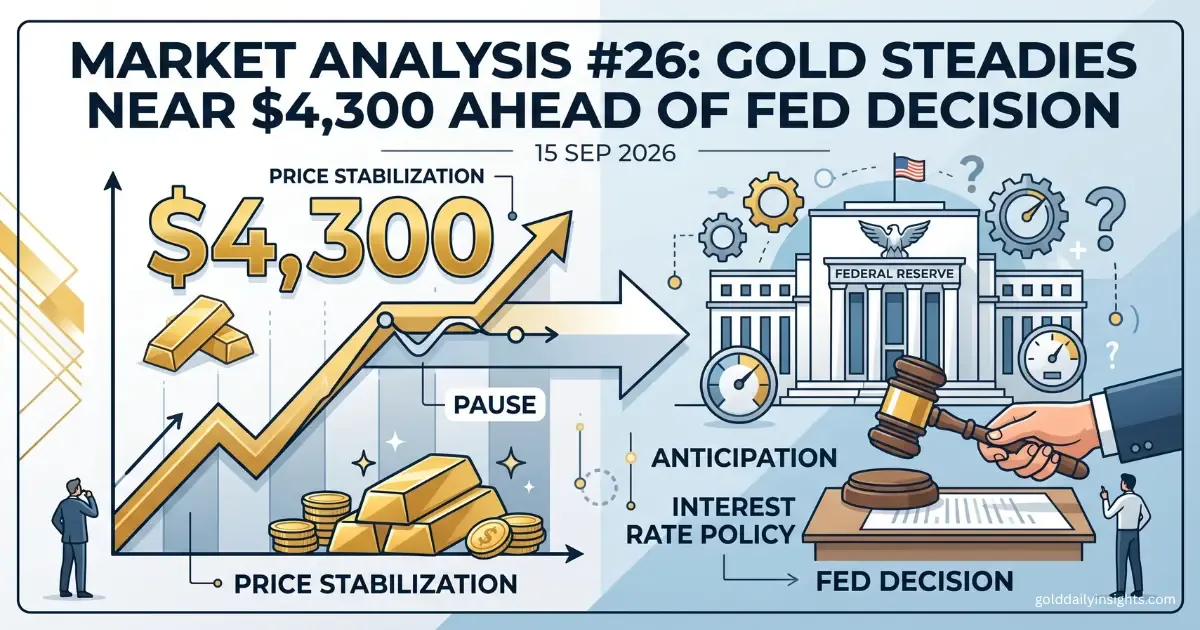 Gold price steadying near $4,300 ahead of the Federal Reserve's September 2026 interest rate decision, with icons for anticipation and the Fed building