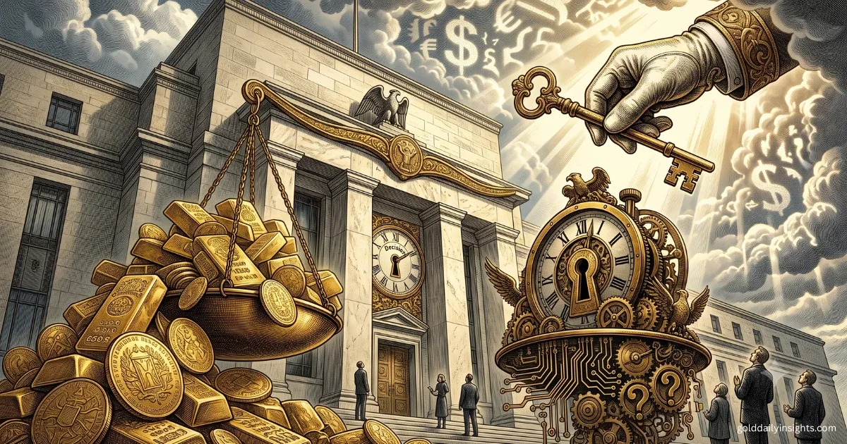 Illustration for my gold analysis: gold bars and coins on a scale outside a Fed-style building, with a key and a clock