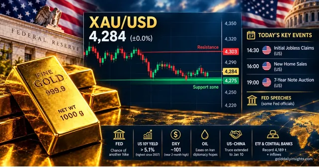 My gold market summary graphic showing XAU/USD at 4,284 with resistance at 4,303 and support at 4,275