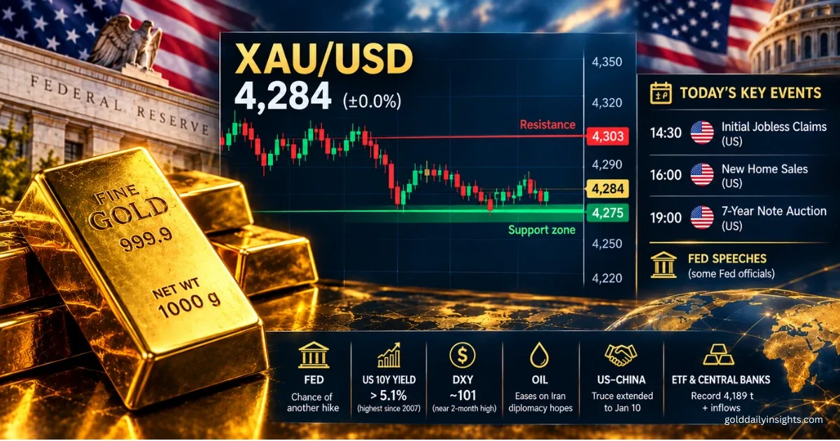 My gold market summary graphic showing XAU/USD at 4,284 with resistance at 4,303 and support at 4,275
