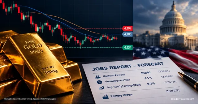 My illustration of gold bars beside an XAU/USD chart marked 4,197, 4,186 and 4,134, with a jobs report forecast sheet.
