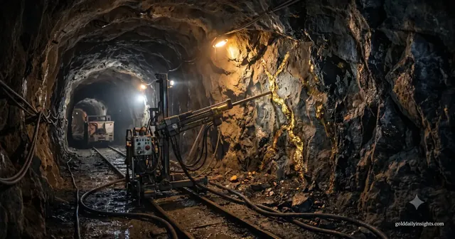 A dark underground gold mine tunnel featuring mechanised drilling equipment positioned next to a visible gold vein in the rough rock face, illuminated by warm overhead lighting.