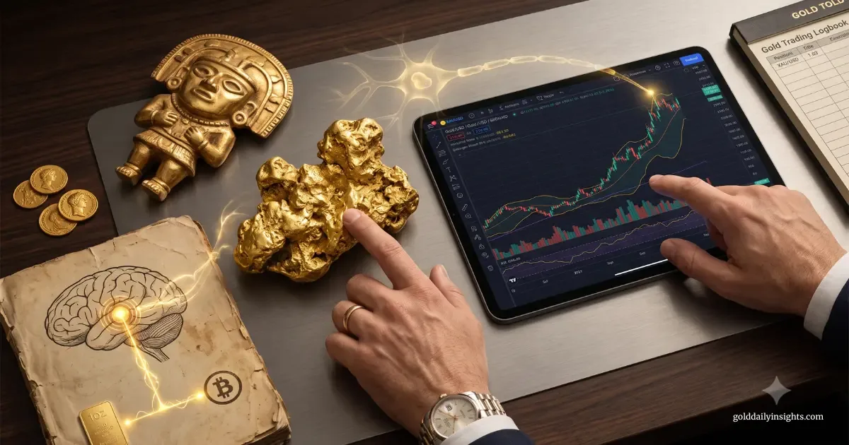 A trader analysing an XAU/USD chart near raw gold and a brain diagram, illustrating my perspective on the market.